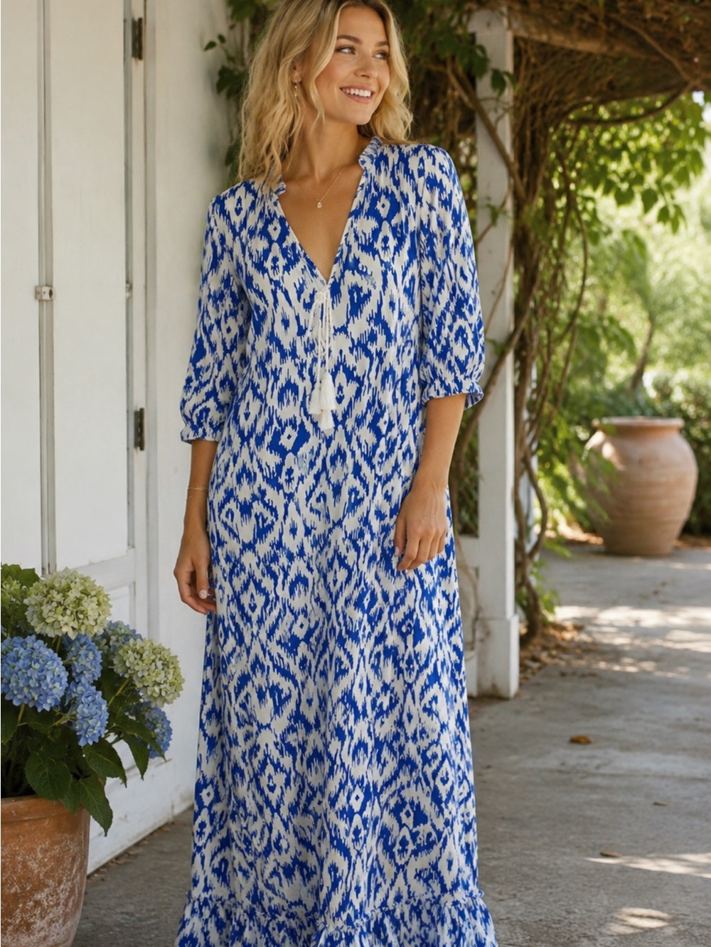 Blue and White Printed Maxi Dress with V-Neck Tassel Detail